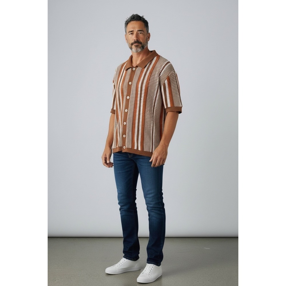Massive Luxury Edition Retro Red Stripe Crochet Knit Polo Shirt Button Size M